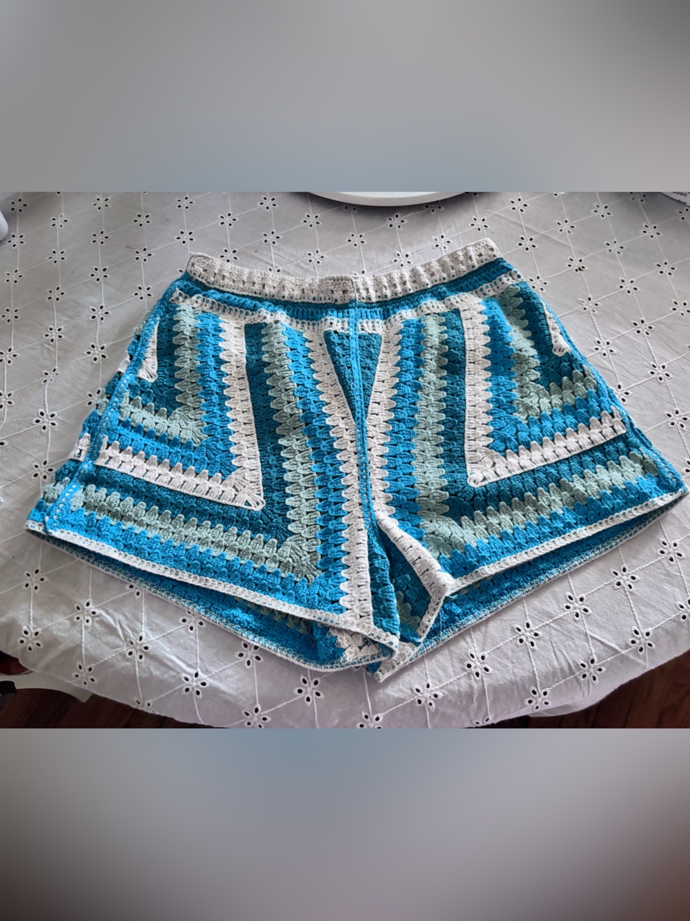 Rebellion Blue & Teal Striped High-Waist Crochet Shorts